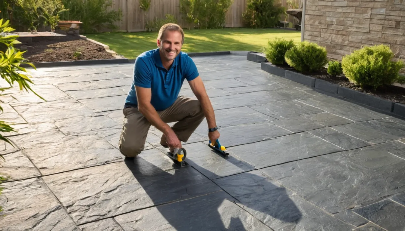 A homeowner checking a new stamped concrete patio in the Conyers area